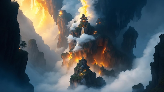 close up of an old Chinese gorgon its head hidden in a rocky cliff its eyes blazing with a fiery