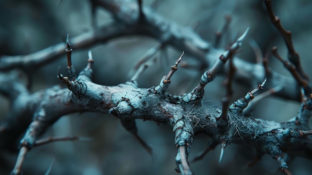 Close up of old gray thorns in a dim forest setting amidst a misty background