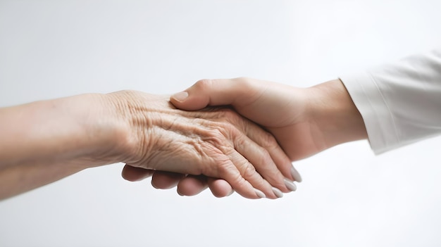 close up of old person hands and young person hand holding each other