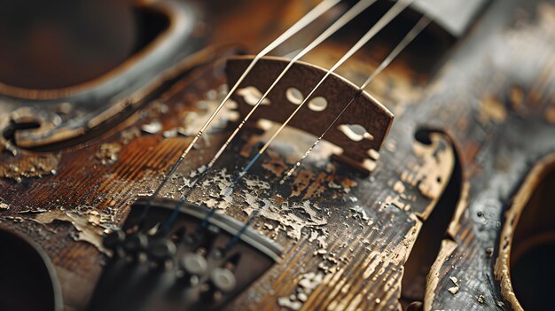 Photo close up of old violin vintage musical instrument selective focus