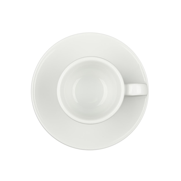 Close up one empty white espresso coffee cup on saucer isolated on white background, directly above