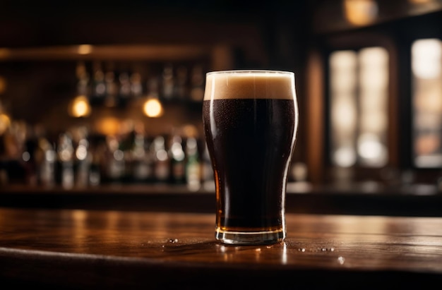 Close up one full big pint glass of dark black stout beer on wooden bar counter of pub