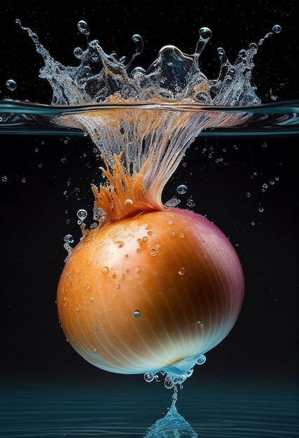 Close up of onion on water surface with droplets generative ai