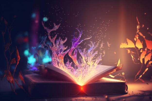 A close-up of an open book, the pages turning on their own as magic splash out of it