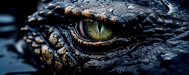 Close up of open yellow eye of wild angry alligator who watching for victim for attack outdoor