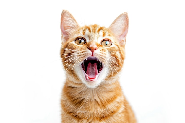 close up orange cat surprised with mouth open isolated on white background