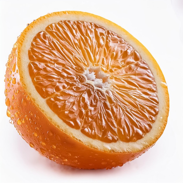 a close up of a orange cut in half with a cup in the background