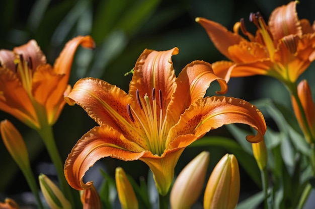 Photo a close up of orange flowers with green leaves and yellow flowers