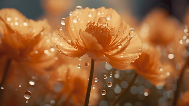 A close up of orange flowers with water drops on them