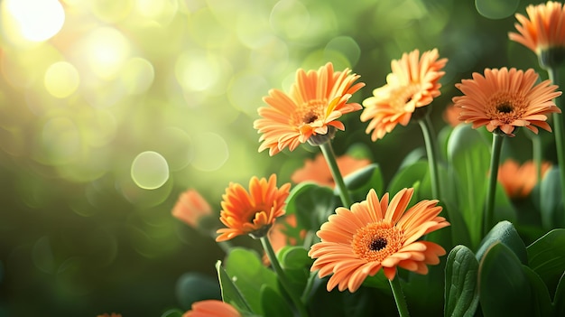 Close up of orange gerbera daisies with green foliage and blurred background