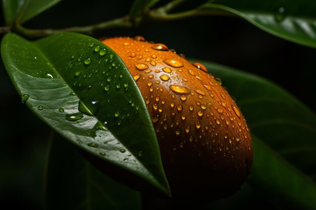 A close up of a orange leaf with water droplets on it