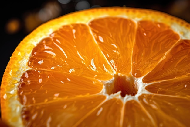 A close up of an orange with the seeds at the bottom