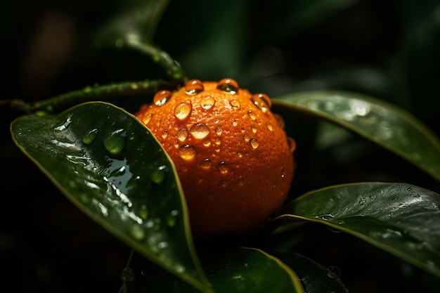 A close up of an orange with water droplets on it