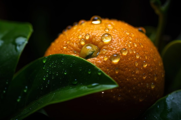 A close up of an orange with water droplets on it