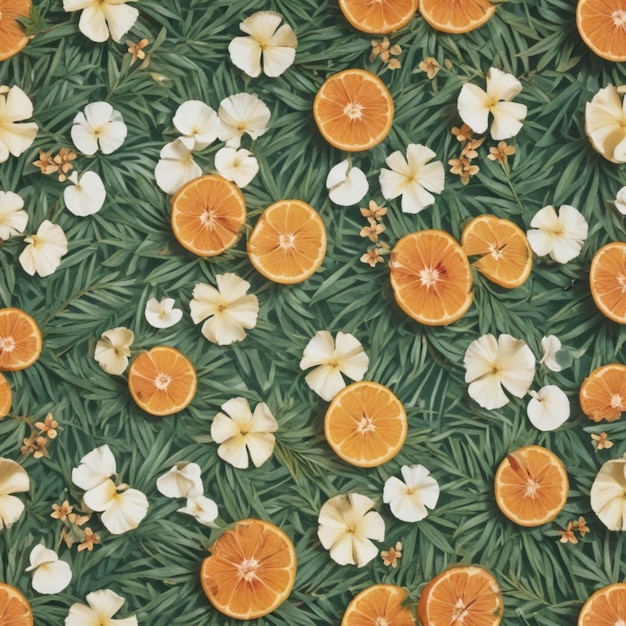 a close up of oranges and flowers on a green background