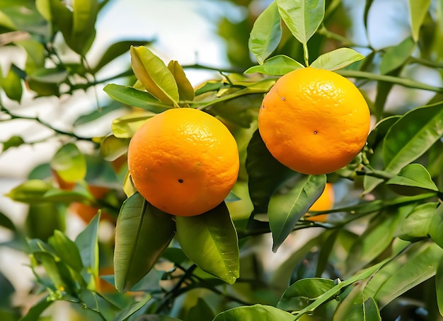 Close up of oranges trees on organic fruit farm