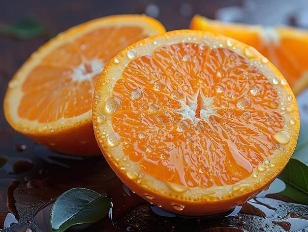 a close up of oranges with water drops on them