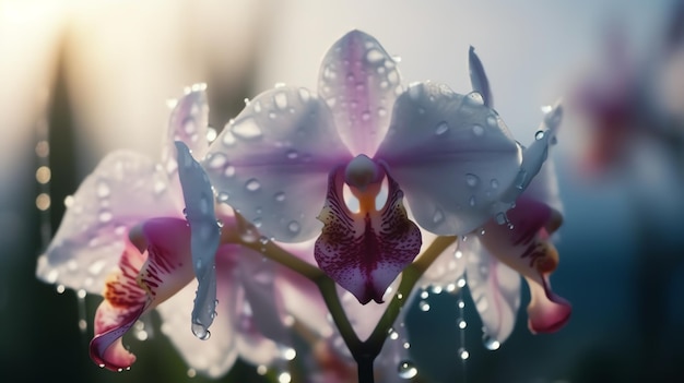 A close up of an orchid with water droplets on it