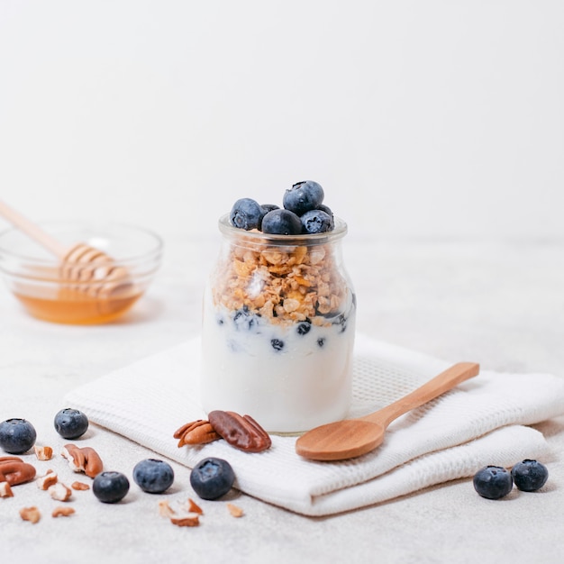 Close-up organic milk with blueberries and oats