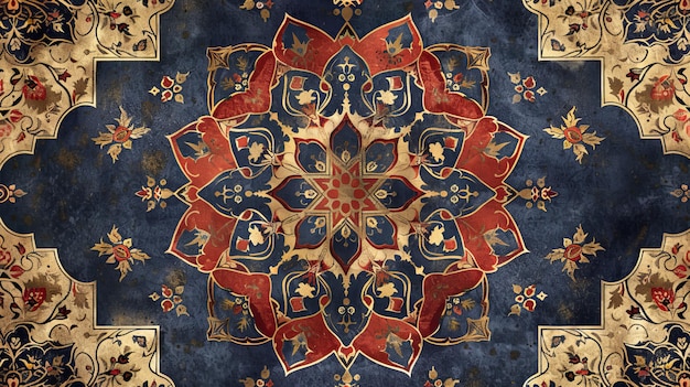 Photo a close up of an ornate pattern on a blue and red background with gold accents generative ai