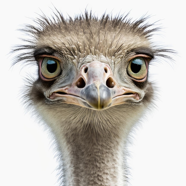 A close up of an ostrich with green eyes and yellow eyes.