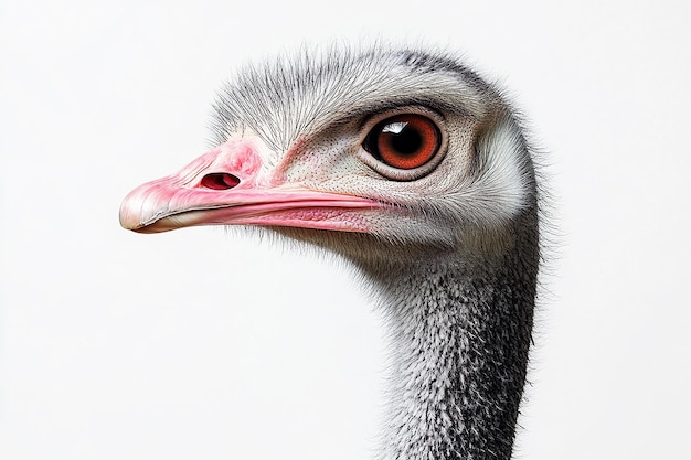 a close up of a ostrichs head with a red eye