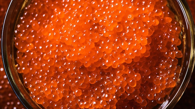 Close up overhead view of a bowl of red trout caviar