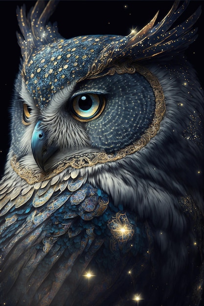 Close up of an owl on a black background generative ai