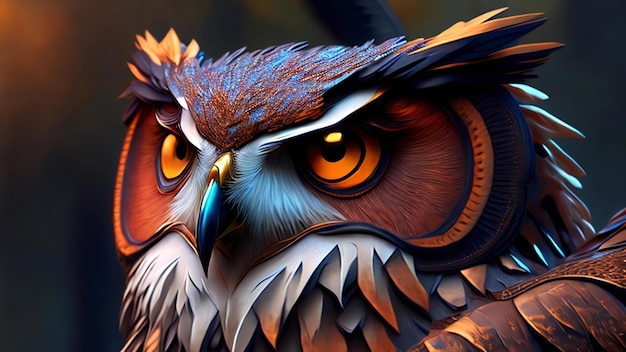 Close up of owl Highly detailed digital painting and atmospheric lighting Ai generated