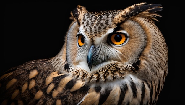 A close up of an owl's face with a black background