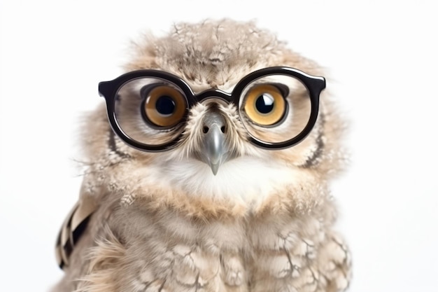 a close up of a owl wearing glasses