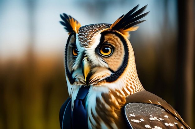 A close up of a owl wearing a tie