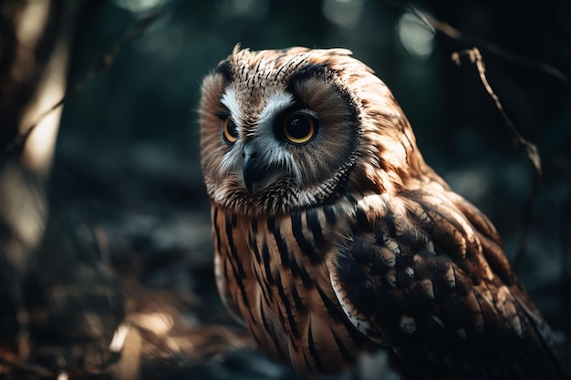 A close up of an owl with a black and white face