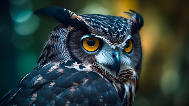 A close up of a owl with a black and white face.