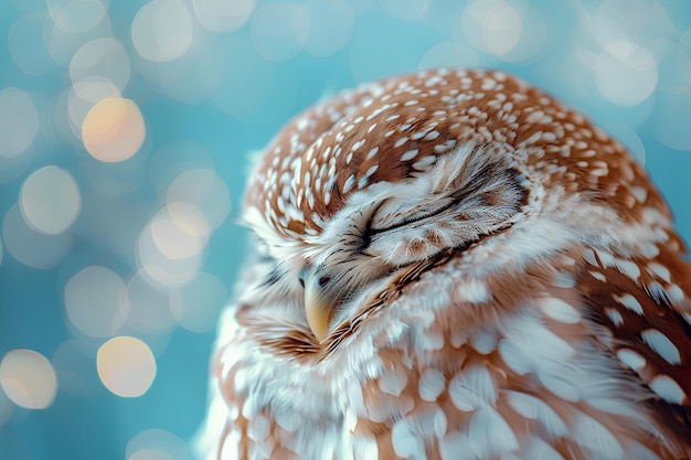 a close up of an owl with a closed eye