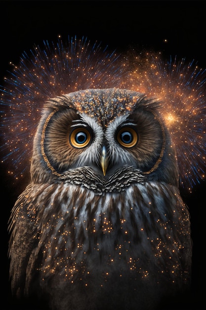 Close up of an owl with fireworks in the background generative ai