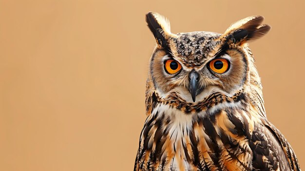 a close up of a owl with orange eyes and yellow eyes