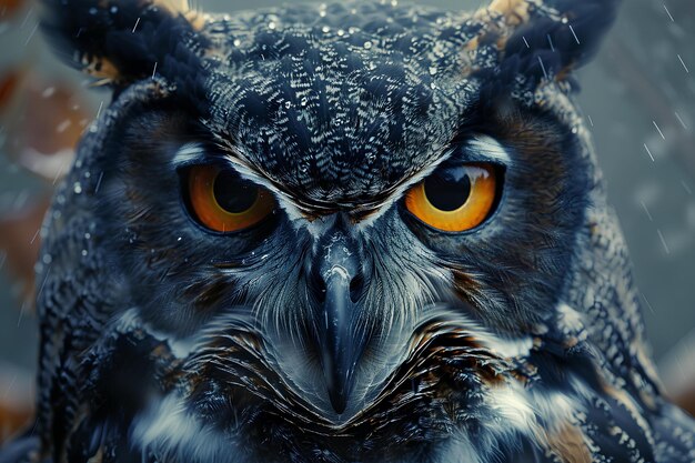 A close up of an owl with orange eyes