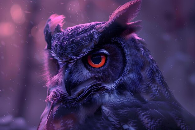 A close up of an owl with orange eyes