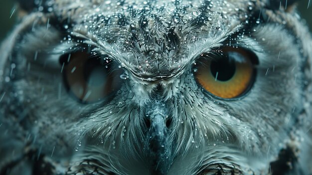 a close up of an owls eyes with snow on the eyes