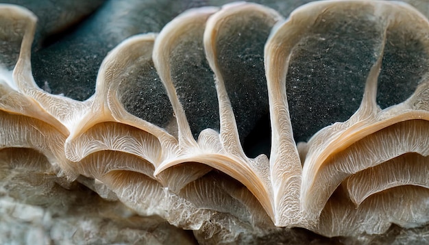 Close up Oyster mushrooms on a light blue background bottom view Generative Ai