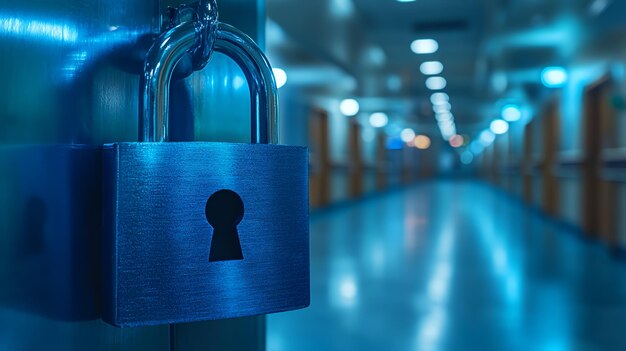 Close up of a padlock on a blue door with a blurry hallway in the background