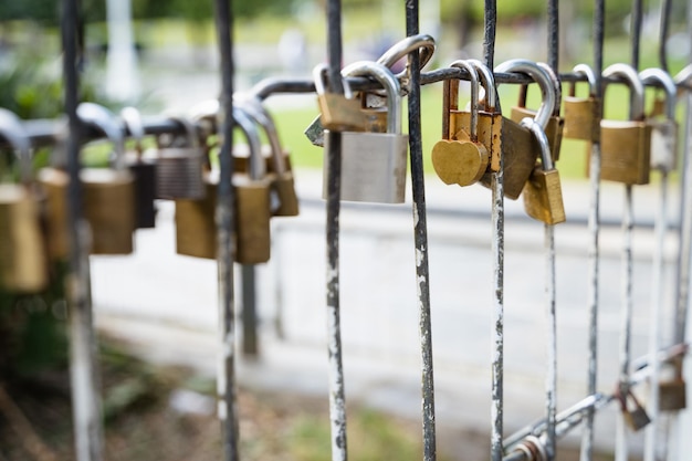 Close up on padlocks attached to fence Couples committed love concept