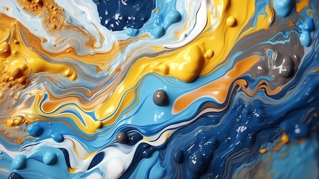 A close up of a paint with blue, yellow, and white colors.