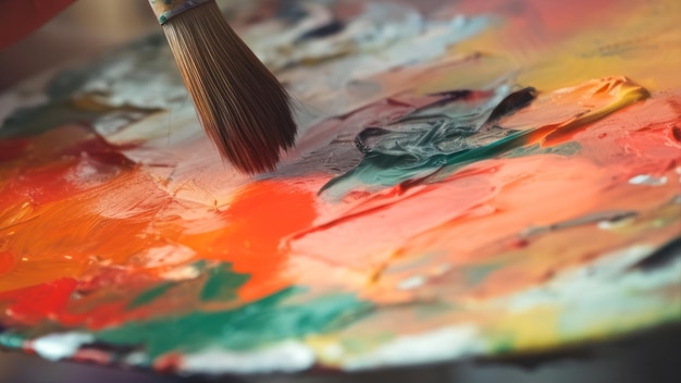 A close up of a paintbrush with orange paint on it