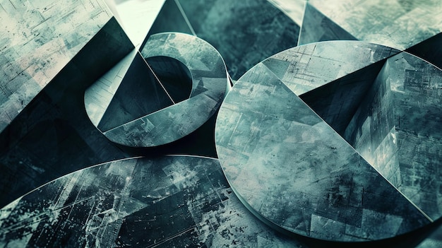 A close up of a painting of circles and triangles on a dark background