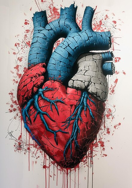 A close up of a painting of a heart with blood splattered on it