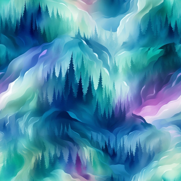 a close up of a painting of a mountain with trees generative ai