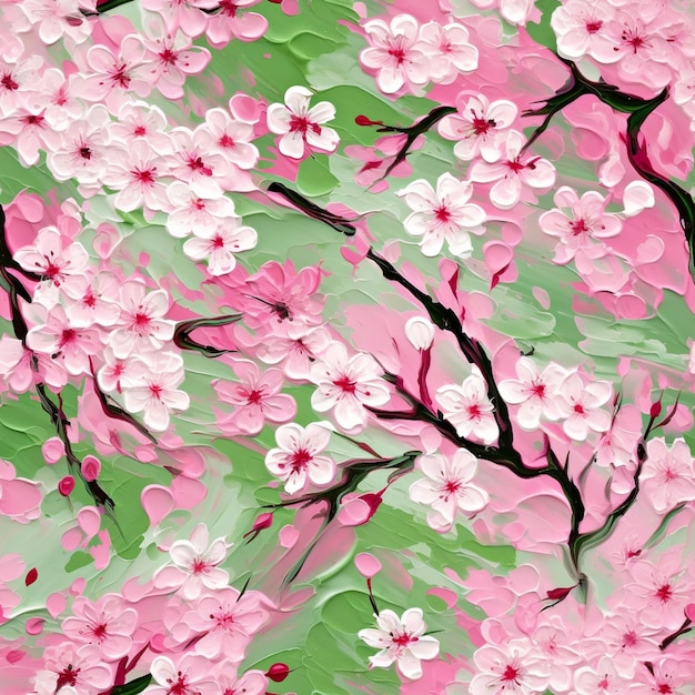 A close up of a painting of a pink flowered tree generative ai