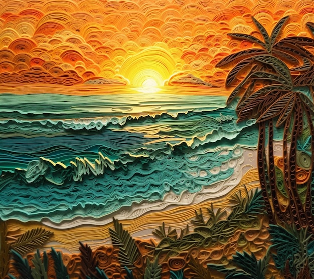 A close up of a painting of a sunset over the ocean generative ai